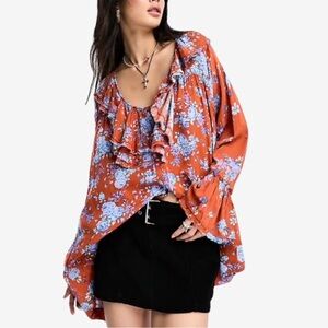 Free People Floral Ruffle Tunic in Orange and Blue